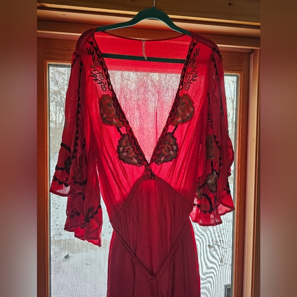 Free People Women’s Cora Embroidered Open Front Mini Dress Coral Size Large - Picture 5 of 5